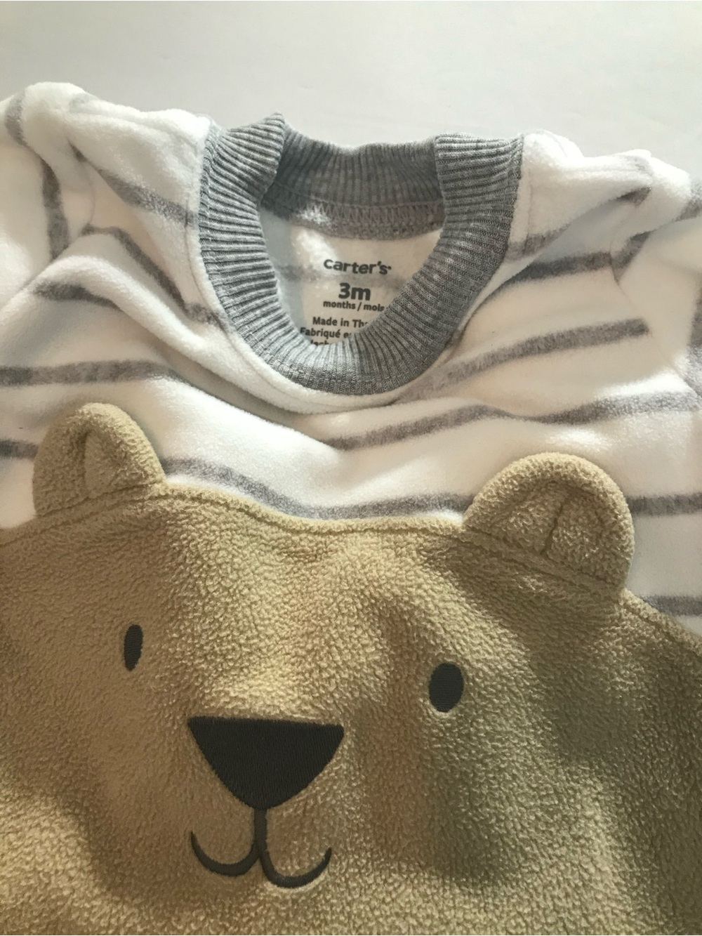 Carter's Cream & Gray Striped Baby Sweatshirt with Beige Bear Applique